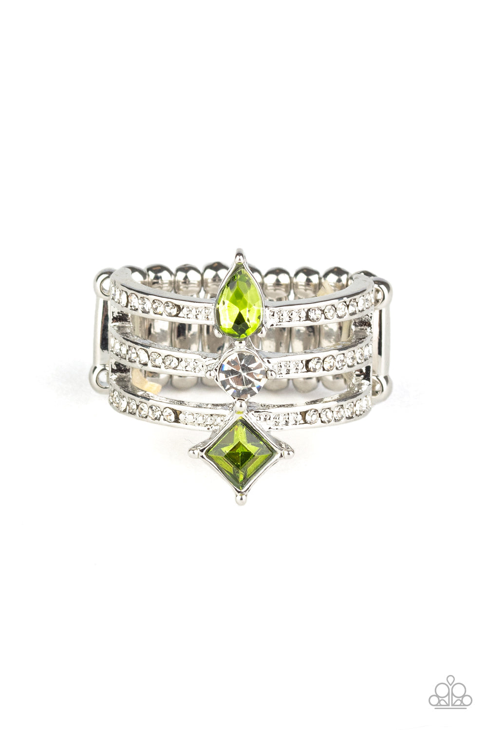 Triple Throne Twinkle - Green Rhinestone/White Rhinestone Triple Band Paparazzi Ring