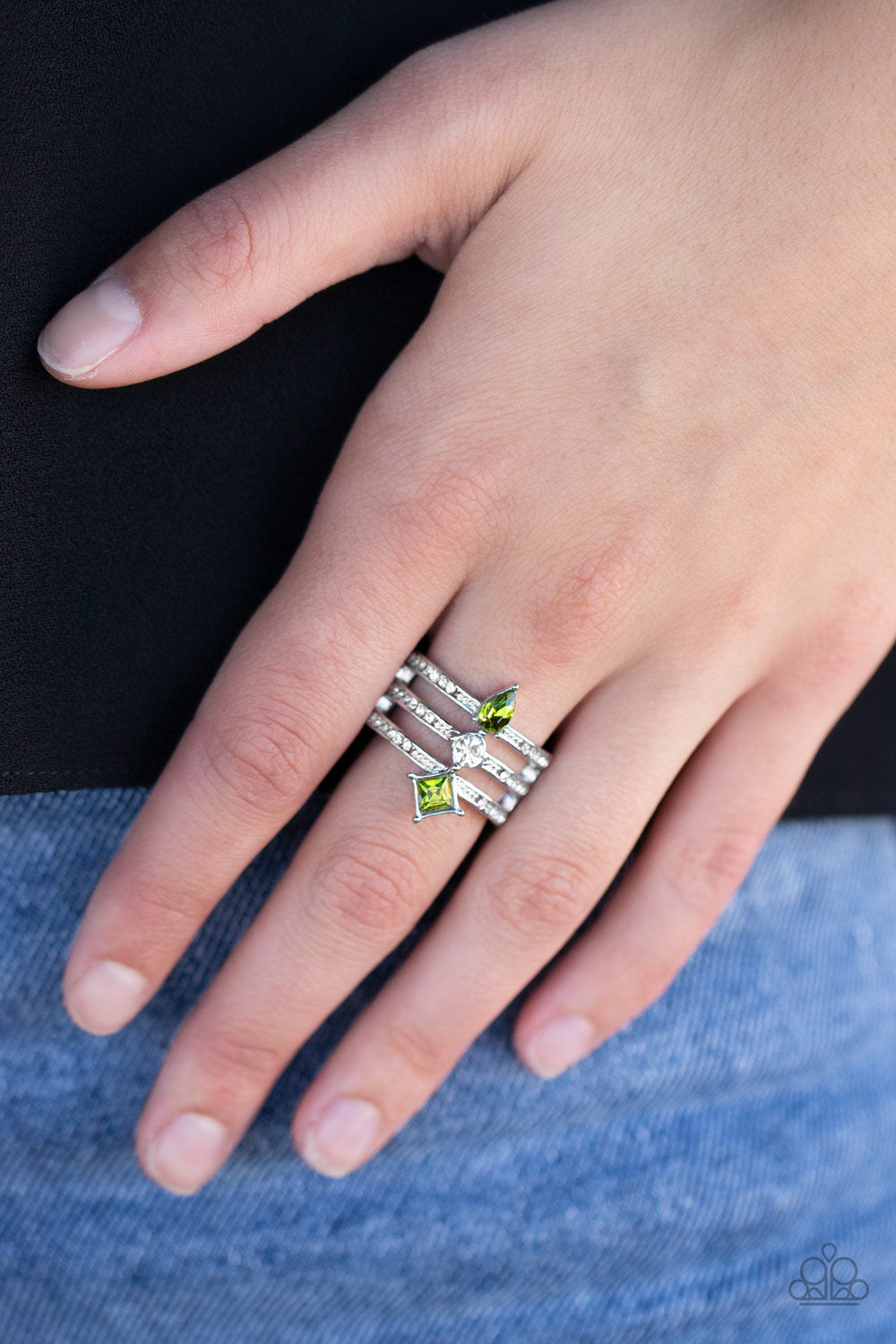 Triple Throne Twinkle - Green Rhinestone/White Rhinestone Triple Band Paparazzi Ring