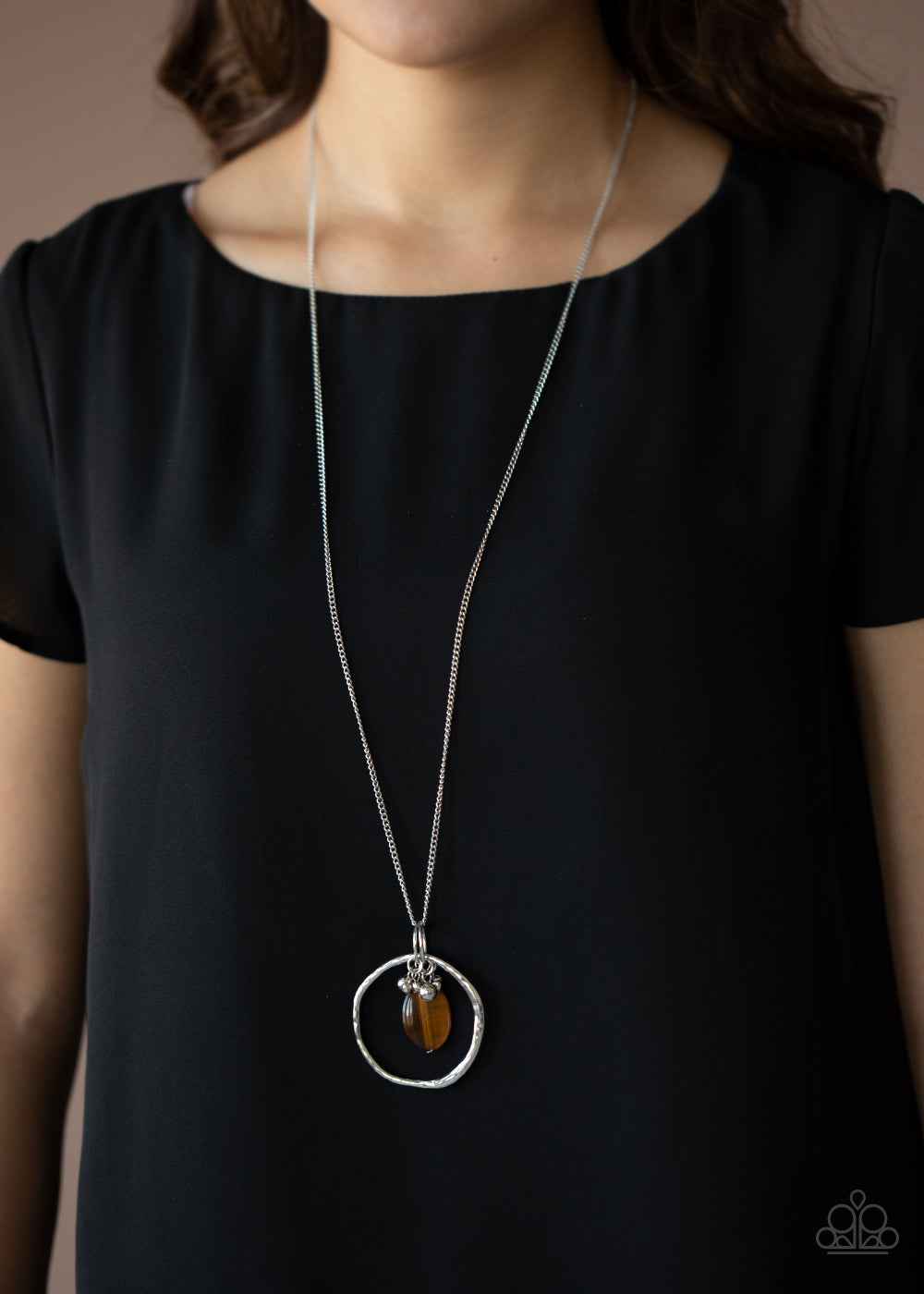 Zion Zen - Brown Tiger's Eye Pendant/Dainty Silver Ring/Asymmetrical Hoop Necklace & matching earrings