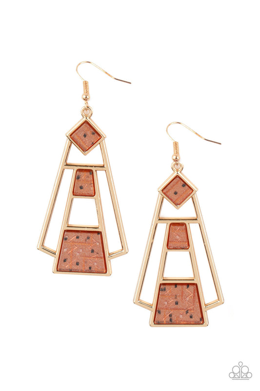 Retro Minimalist - Brown Acrylic Pieces/Geometric Gold Frame Earrings