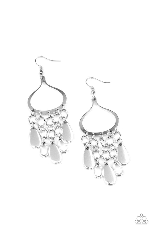 Lure Away - Silver Teardrops Dangling From Textured Silver Links Earrings