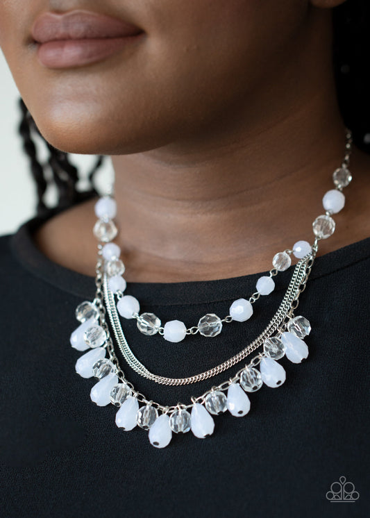 Awe-Inspiring Iridescence - White Cloudy & Glassy Beaded Layered Necklace & matching earrings