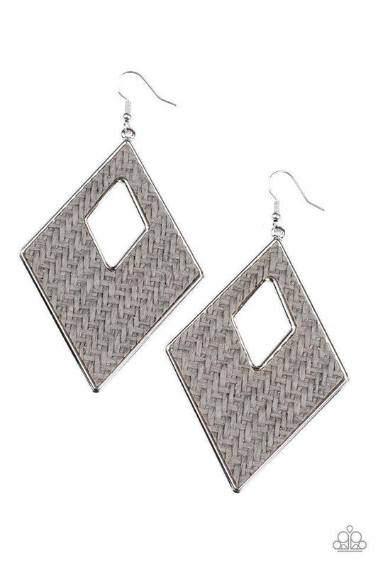 Woven Wanderer - Silver/Gray Wicker-Like Pattern Threaded Diamond Shape Paparazzi Earrings
