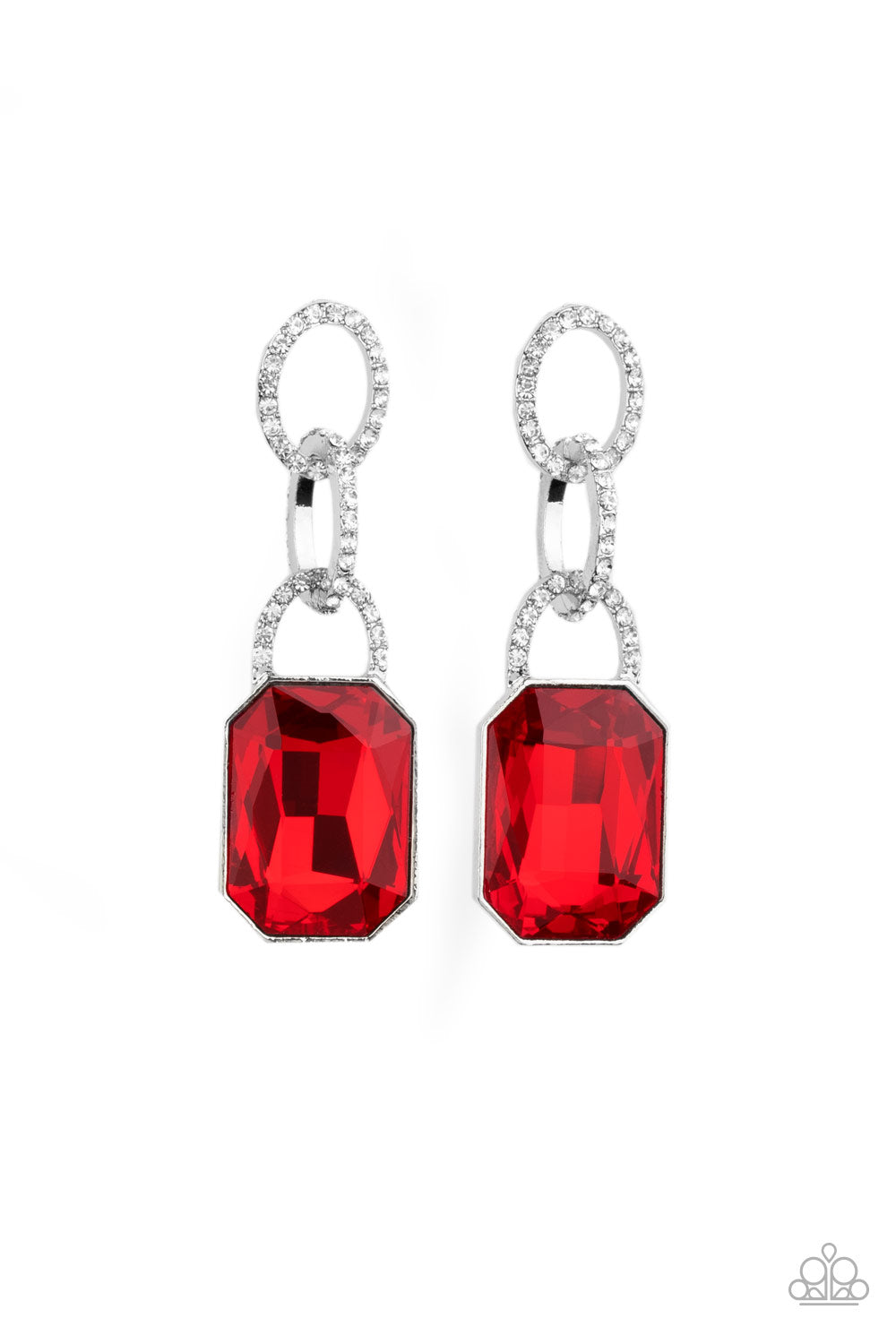 Superstar Status - Red Oversized Emerald-Cut Rhinestone/White Rhinestone Link Earrings