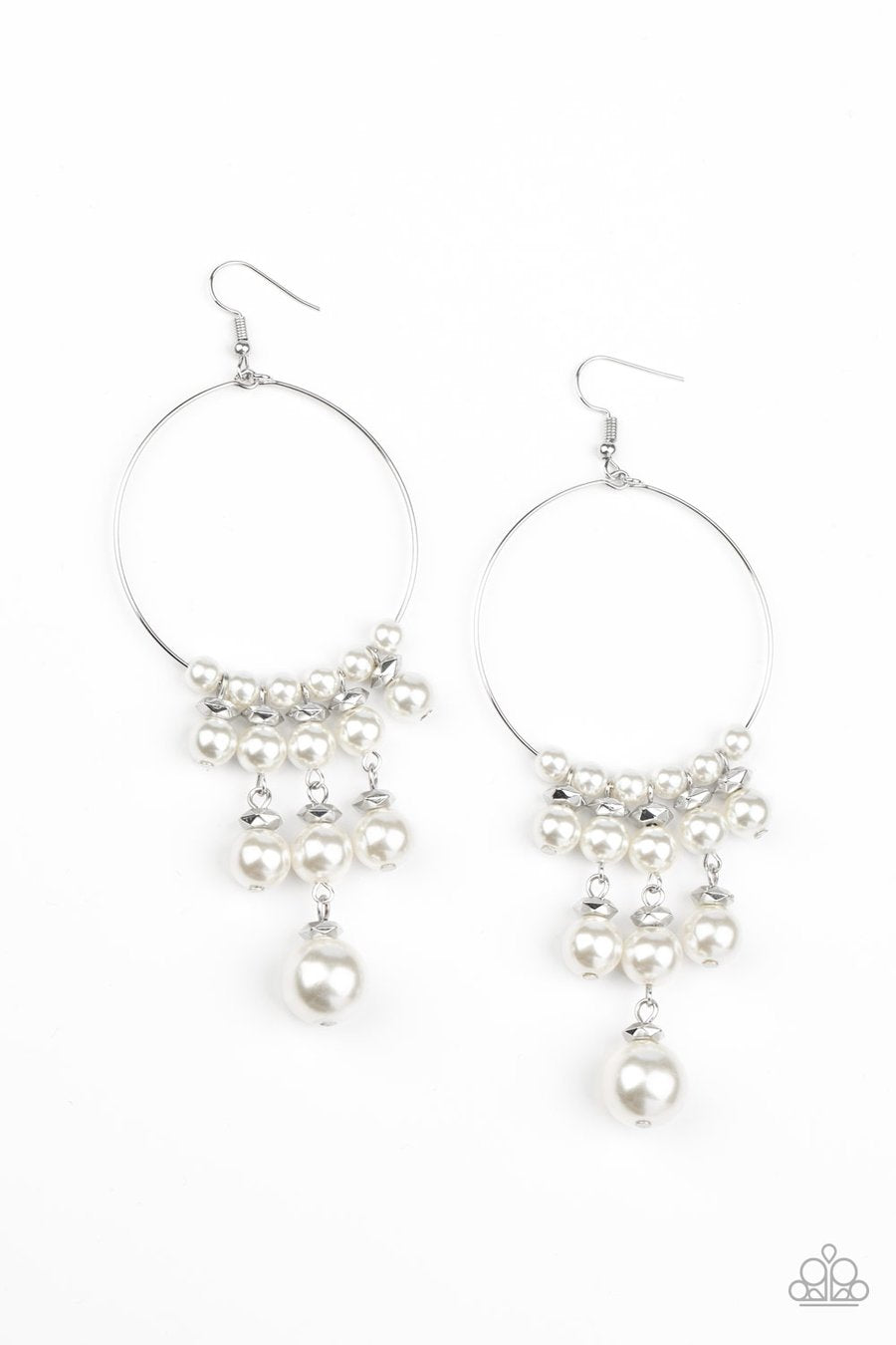 Working The Room - White Pearl & Silver Wire Hoop Paparazzi Earrings