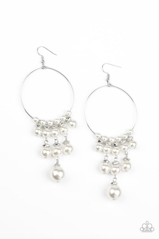 Working The Room - White Pearl & Silver Wire Hoop Paparazzi Earrings