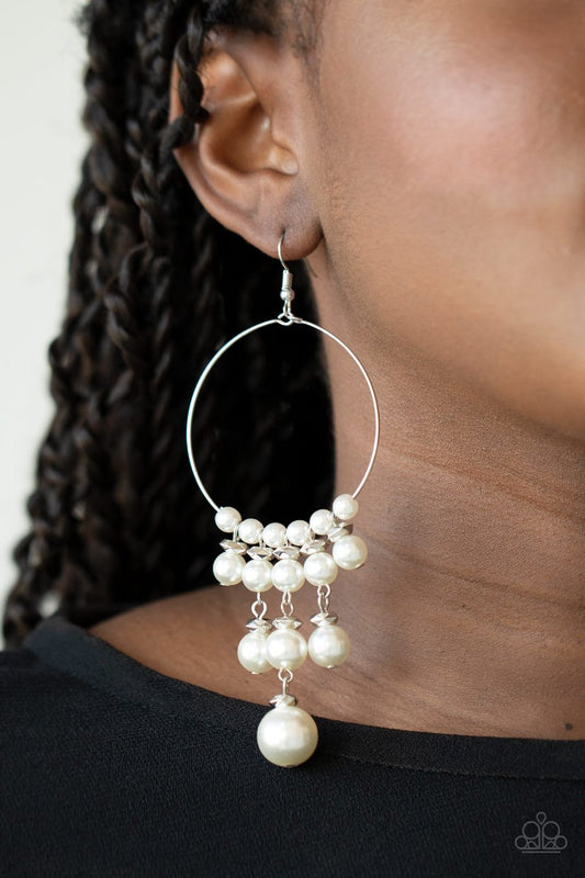 Working The Room - White Pearl & Silver Wire Hoop Paparazzi Earrings