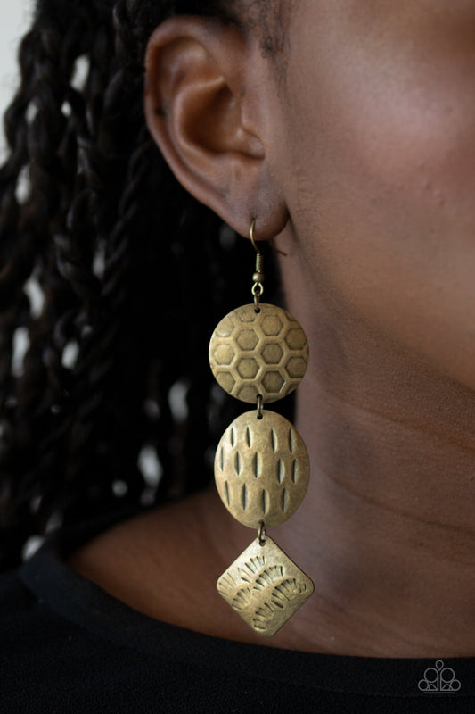 Mixed Movement - Brass Earthy Textured Mismatched Frame Earrings