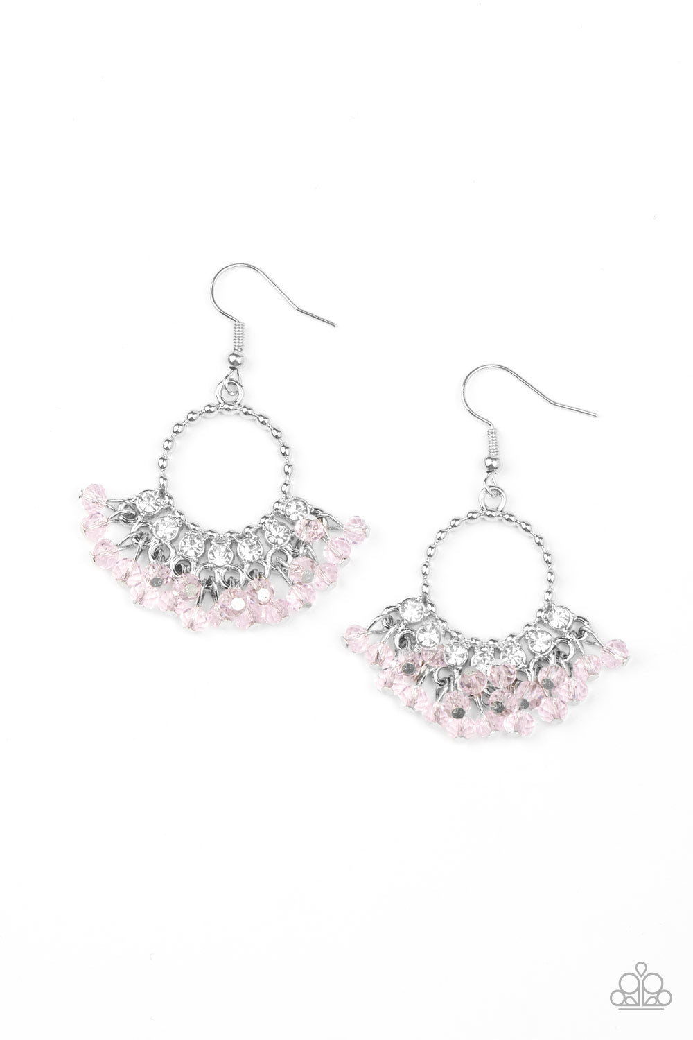 Charmingly Cabaret - Pink Crystal-Like Beaded Fringe/White Rhinestone Encrusted Studded Silver Frame Earrings