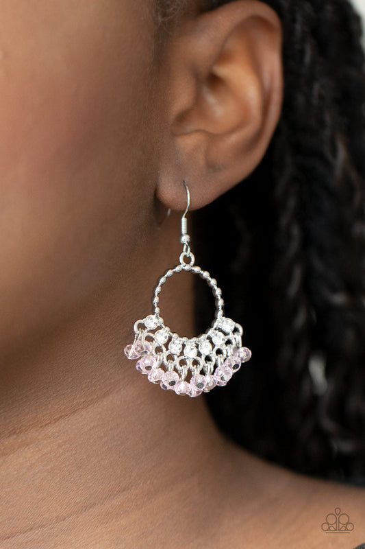 Charmingly Cabaret - Pink Crystal-Like Beaded Fringe/White Rhinestone Encrusted Studded Silver Frame Earrings