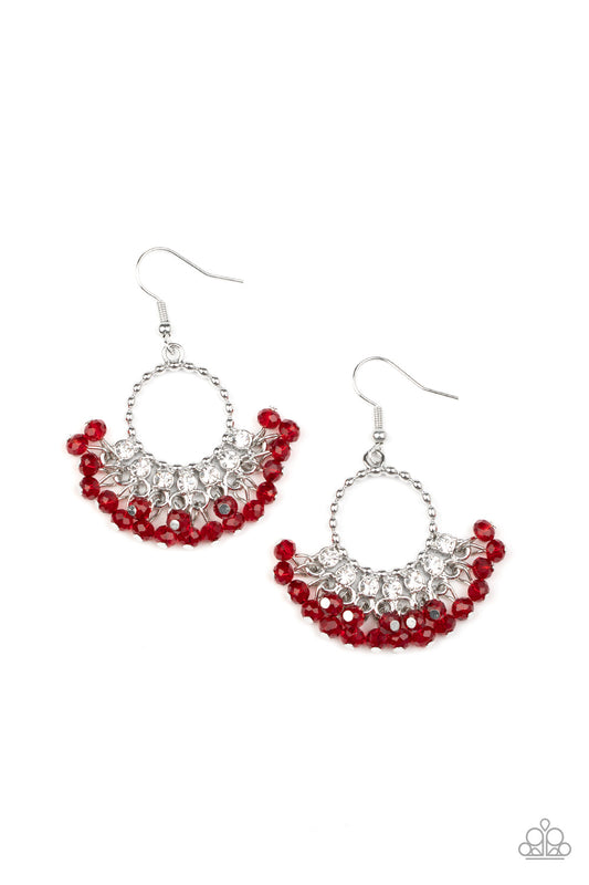 Charmingly Cabaret - Red Dainty Crystal-Like Beaded Fringe/White Rhinestone Encrusted Silver Loop Earrings