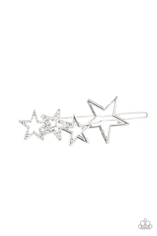 From STAR To Finish - White Rhinestone Encrusted Silver Star Hair Clip
