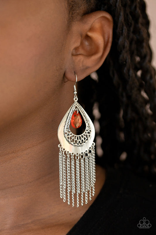 Scattered Storms - Red Faceted Teardrop Bead/Dainty Silver Chain Fringe Earrings
