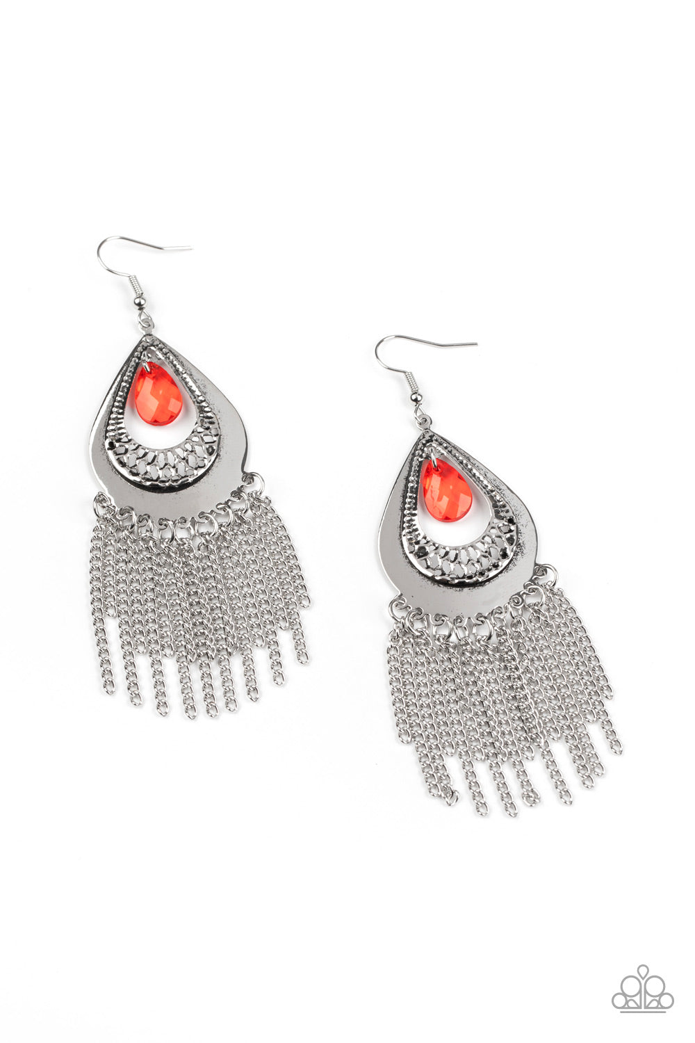 Scattered Storms - Red Faceted Teardrop Bead/Dainty Silver Chain Fringe Earrings