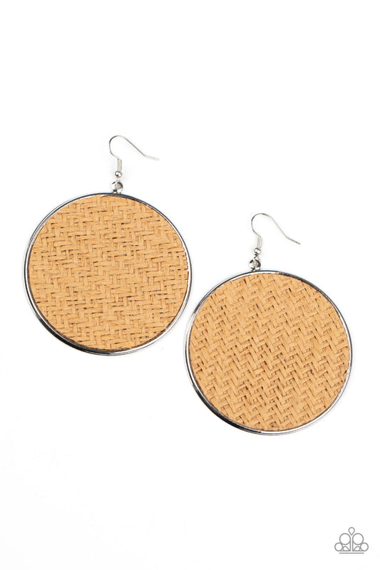 Wonderfully Woven - Brown Woven Twine Oversized Disc Earrings