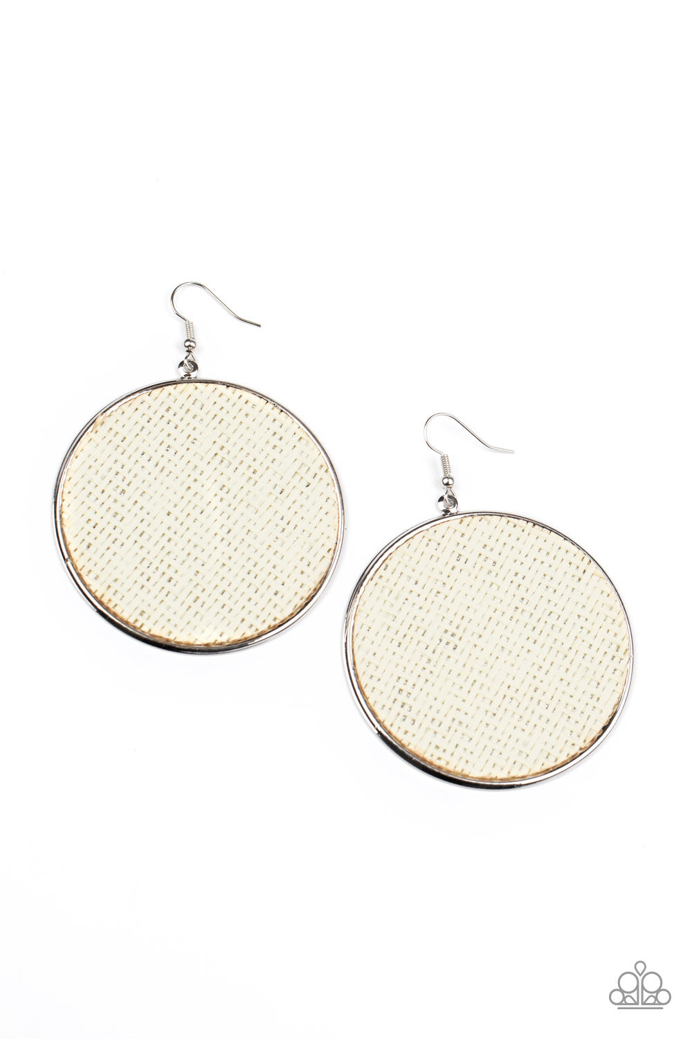 Wonderfully Woven - White Woven Twine-Like Cording/Oversized Silver Disc Earrings