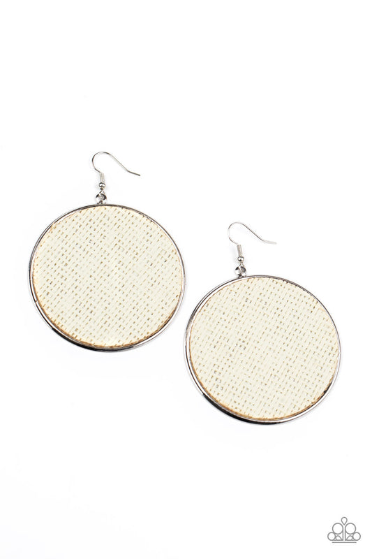 Wonderfully Woven - White Woven Twine-Like Cording/Oversized Silver Disc Earrings