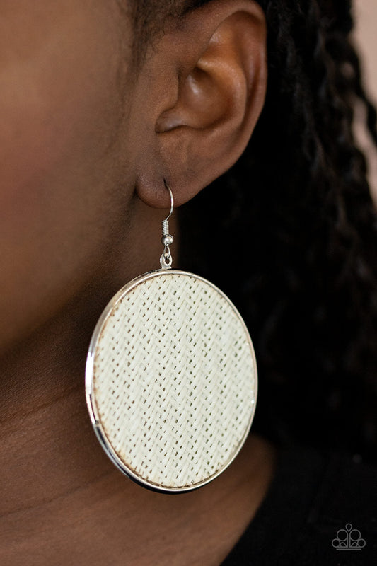 Wonderfully Woven - White Woven Twine-Like Cording/Oversized Silver Disc Earrings