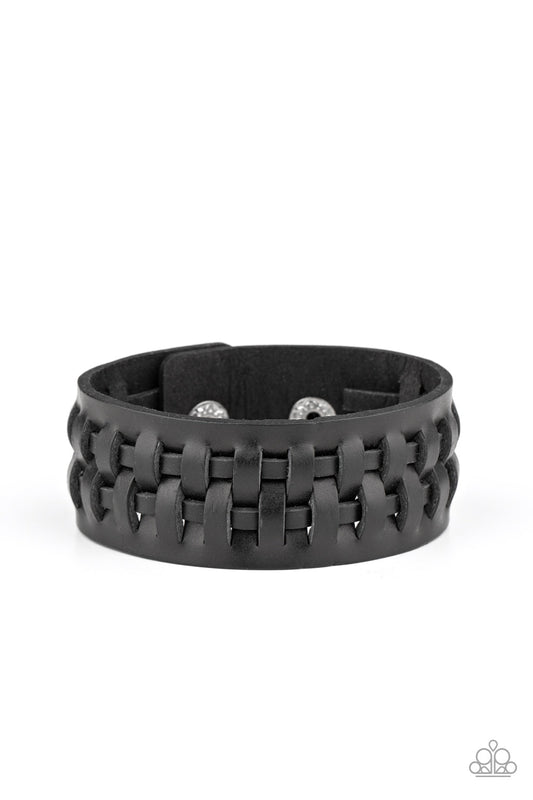 Country Life - Black Woven Leather Laces/Thick Leather Band Snap Bracelet
