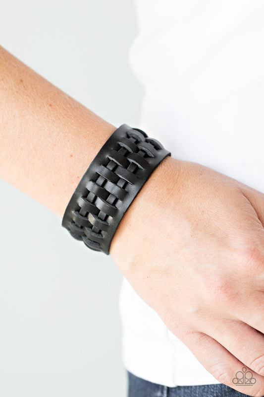 Country Life - Black Woven Leather Laces/Thick Leather Band Snap Bracelet
