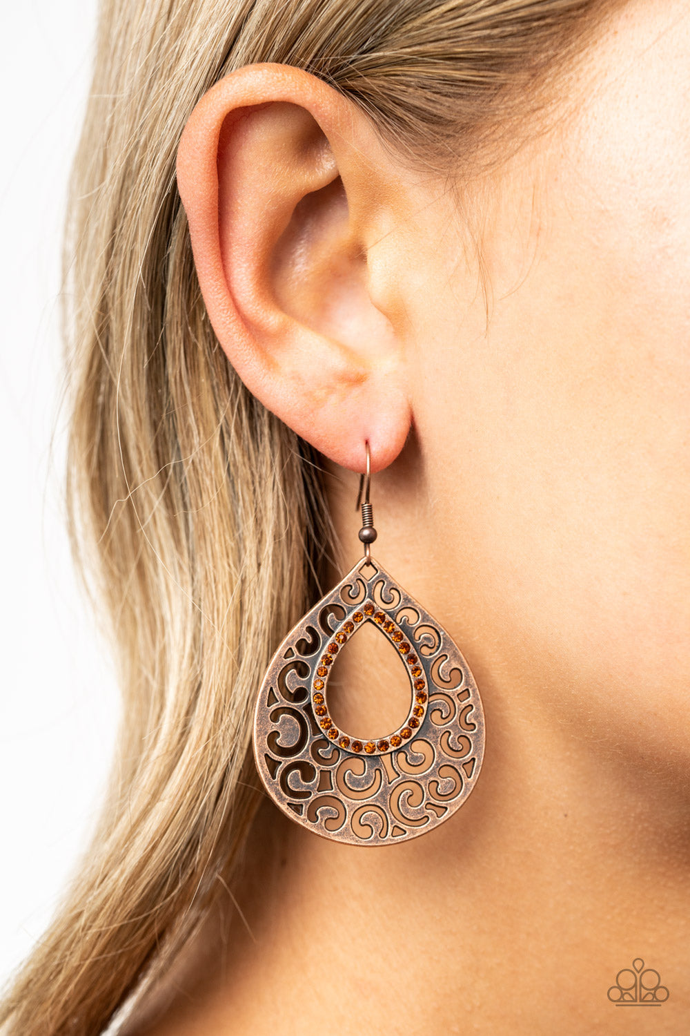Airy Applique - Copper Filigree Teardrop Silhouette/Topaz Rhinestone Encrusted Earrings
