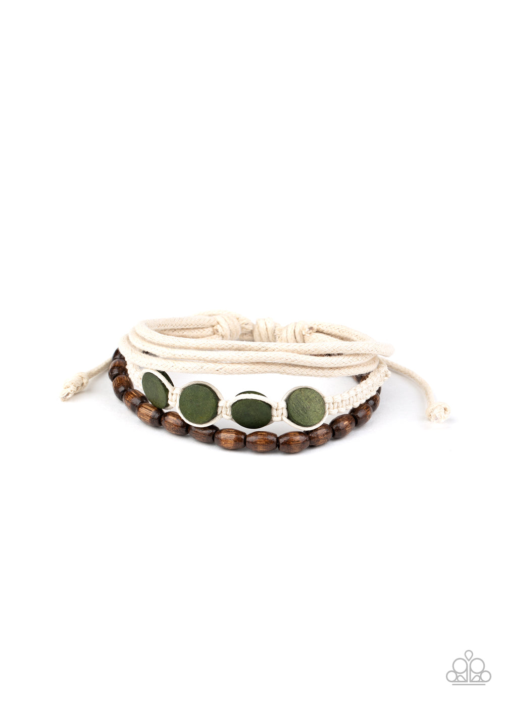 Dream Beach House - Green & Brown Wooden Beads/White Mismatched Cording Urban Bracelet