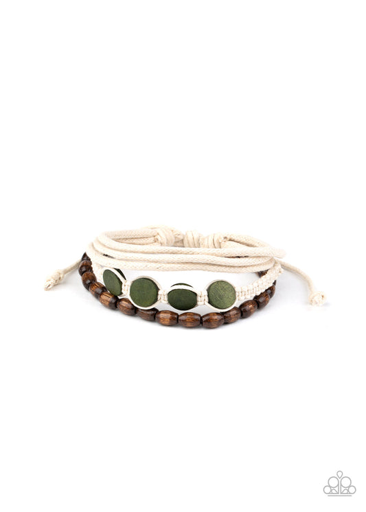 Dream Beach House - Green & Brown Wooden Beads/White Mismatched Cording Urban Bracelet