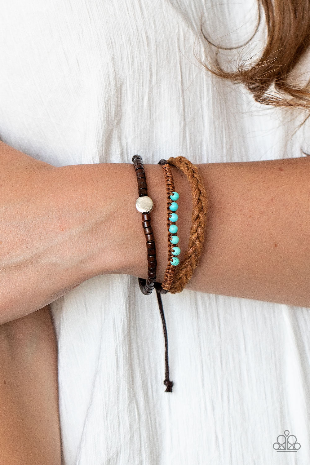 Beach Adventure - Blue/Turquoise Stones/Dainty Wooden Beads/Braided Cord Layers Urban Bracelet