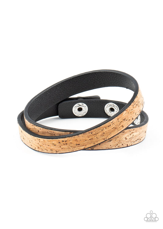 Space Warp - Brown Cork-Like Finish/Dainty Black Leather Double Wrap Snap Bracelet