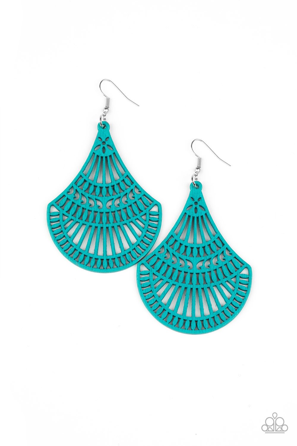 Tropical Tempest - Blue Wooden Teardrop Airy Stenciled Earrings