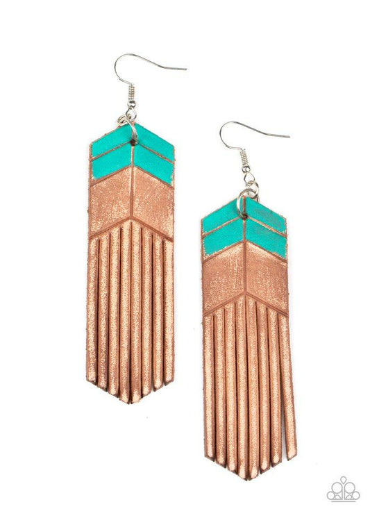 Desert Trails - Blue/Turquoise Chevron-Like Detail Leather Paparazzi Earrings