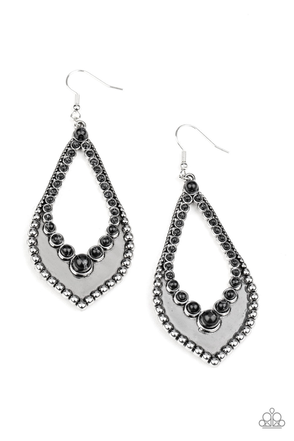 Essential Minerals - Black Dainty Beaded Studded Silver Teardrop Earrings