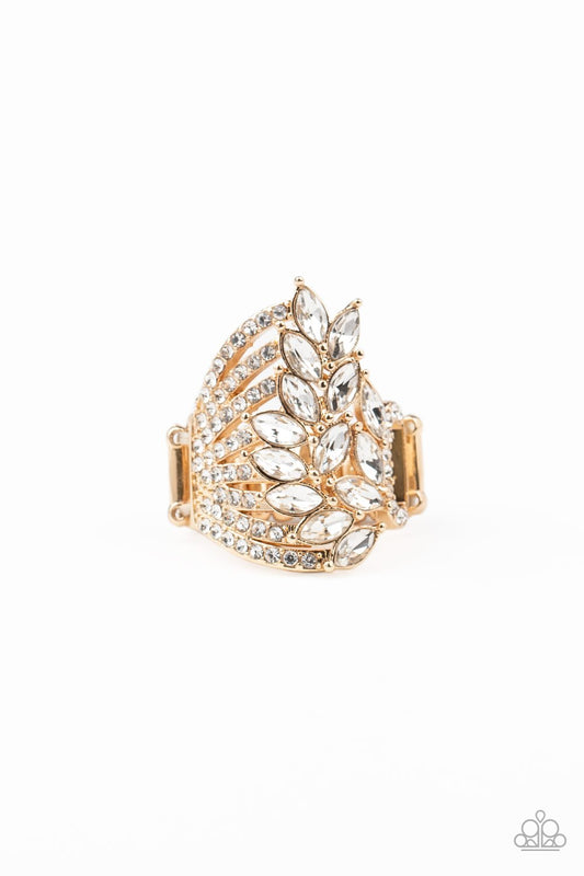 Clear-Cut Cascade - Gold/White Rhinestone Statement Ring - October 2020 Life Of The Party Exclusive