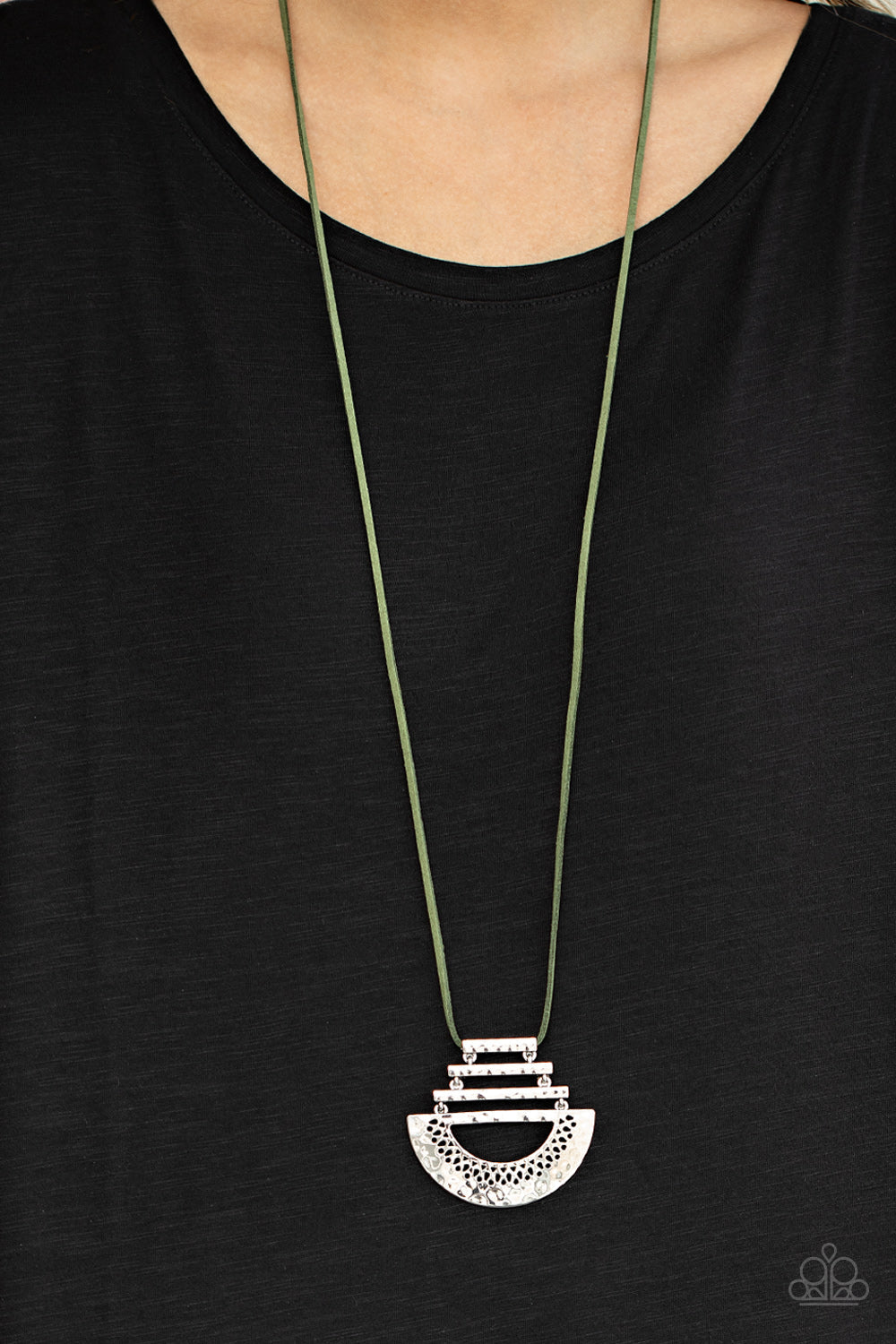 Rise and SHRINE - Green Suede/Hammered Crescent Plate Bold Silver Pendant Necklace & matching earrings