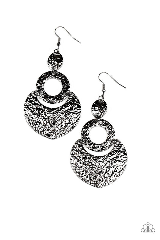 Shimmer Suite - Gunmetal Hammered Texture Oval, Hoop, & Crescent Linked Frame Earrings