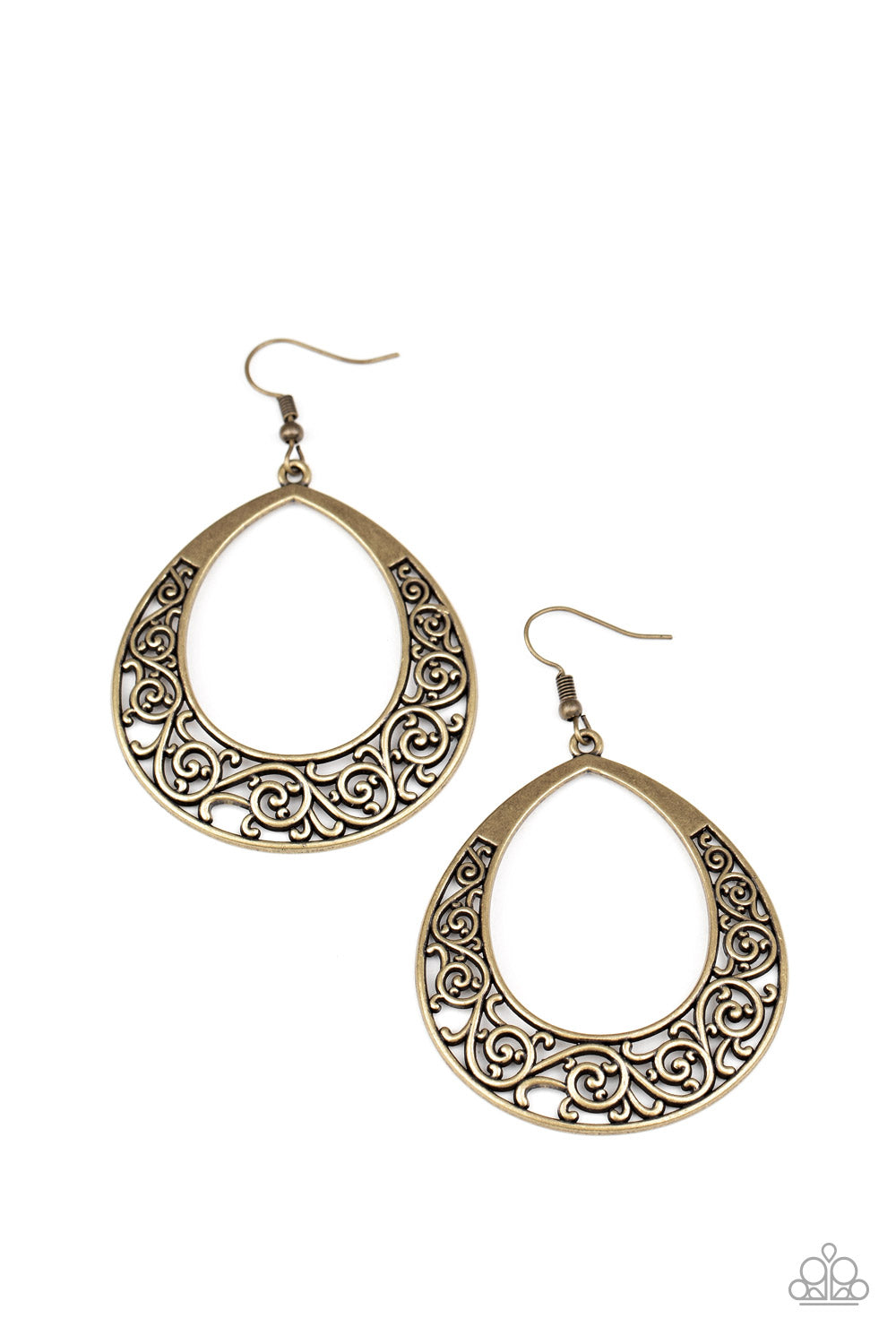 Vineyard Venture - Brass Vine-Like Filigree Teardrop Frame Earrings