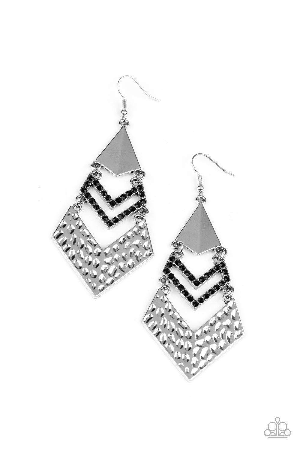 Work Hazard - Black Rhinestone Encrusted Chevron-Like Frame Earrings