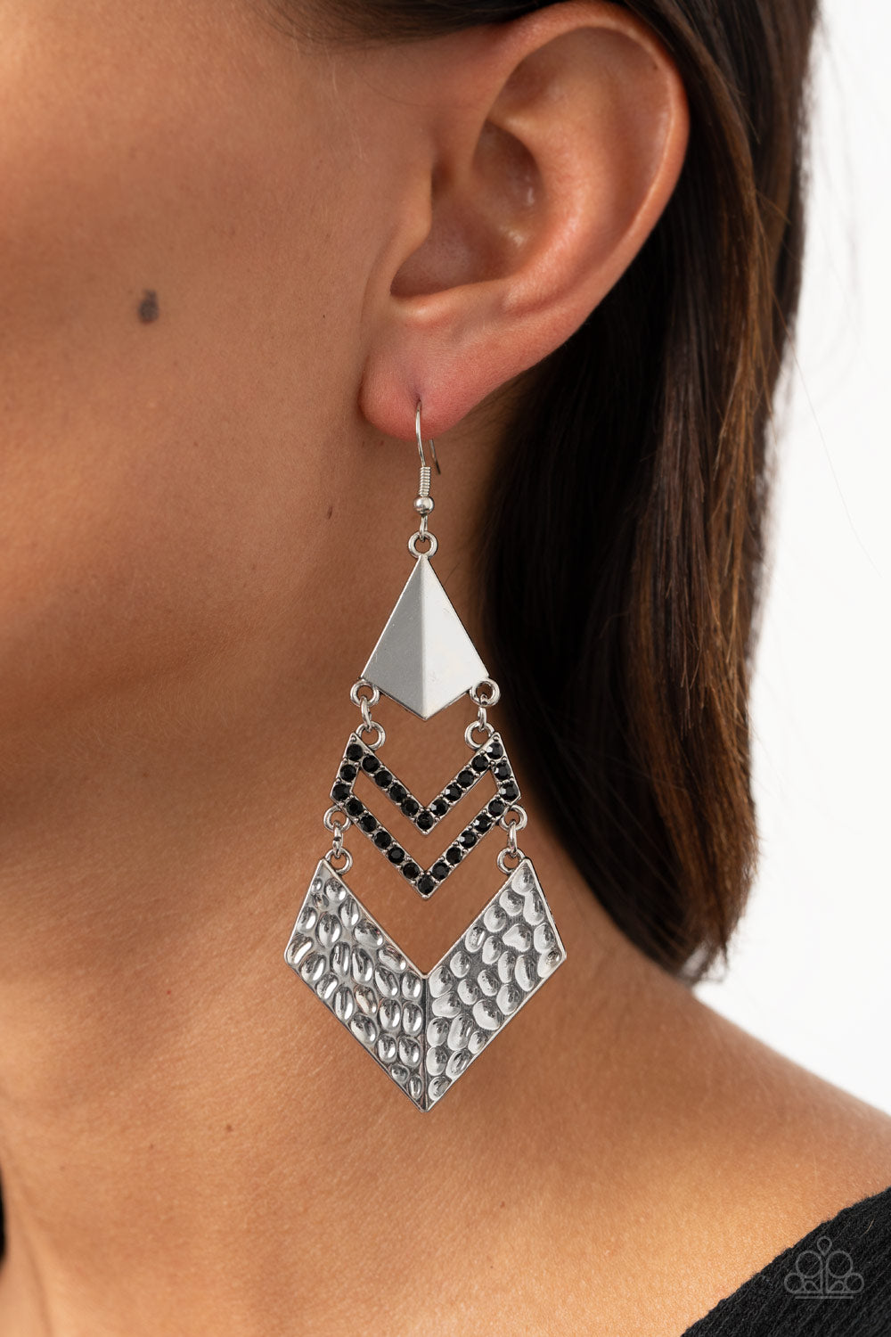 Work Hazard - Black Rhinestone Encrusted Chevron-Like Frame Earrings