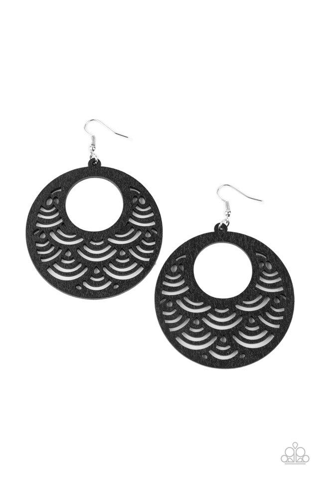 SEA Le Vie! - Black Wooden Scalloped Pattern Tropical Inspiration Paparazzi Earrings