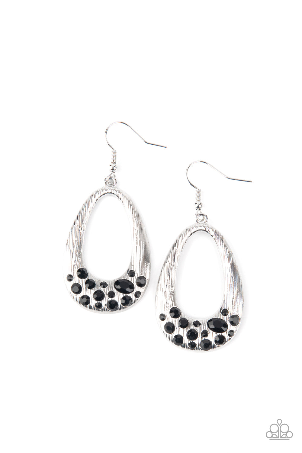 Better LUXE Next Time - Black Oval & Round Rhinestone Encrusted Scratched Surface Teardrop Earrings