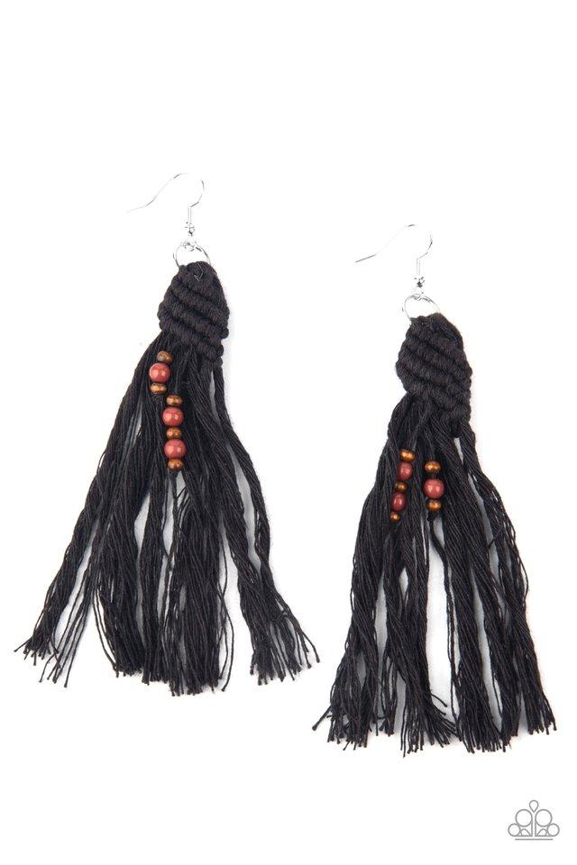 Beach Bash - Black Tassel/Dainty Wooden & Glassy Brown Beaded Paparazzi Macramé Earrings