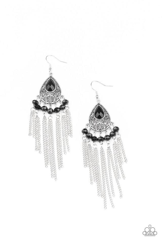 Floating on HEIR - Black Rhinestones/Silver Chain Fringe/Silver Filigree Embossed Teardrop Paparazzi Earrings