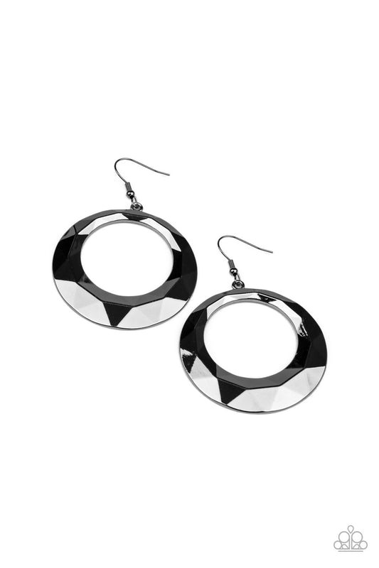 Fiercely Faceted - Gunmetal Faceted Beveled Ring Earrings