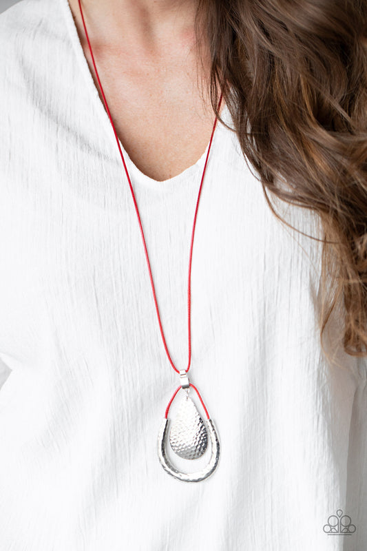 Texture Trekker - Red Cord/Hammered Silver Teardrop Pendant Necklace & matching earrings