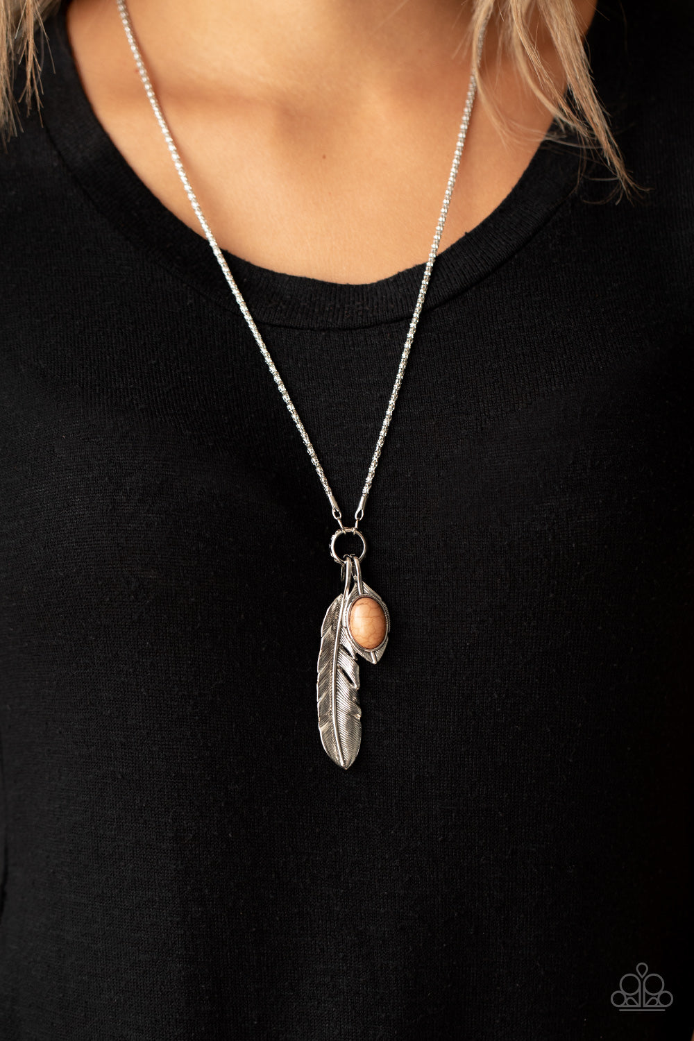 Sahara Quest - Brown Stone, Dainty Silver Leaf, & Silver Feather Charm Pendant Necklace & matching earrings