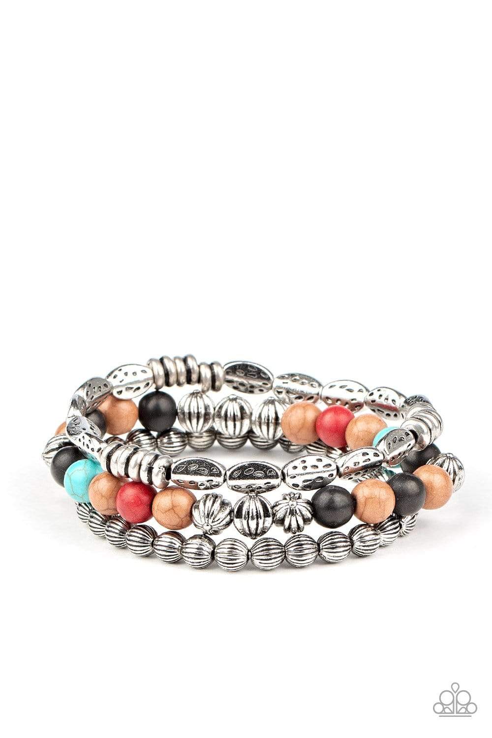Trail Mix Mecca - Multi Stones/Ornate Silver Beads/Hammered Silver Accents Set of 3 Paparazzi Stretch Bracelets