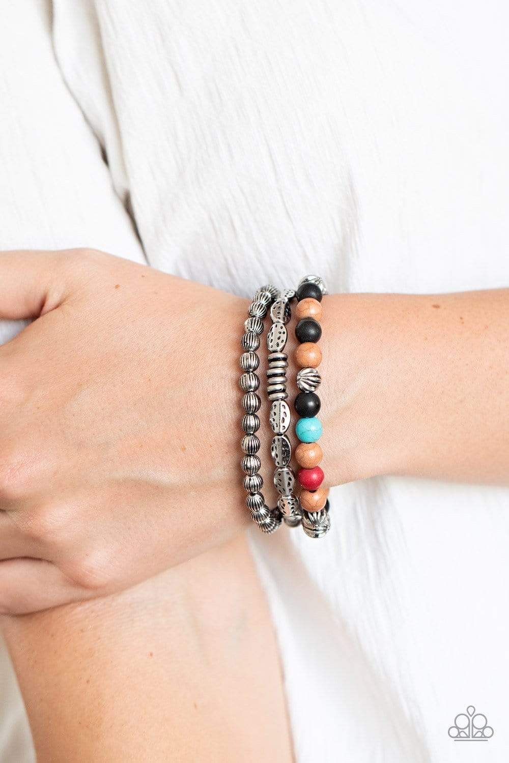 Trail Mix Mecca - Multi Stones/Ornate Silver Beads/Hammered Silver Accents Set of 3 Paparazzi Stretch Bracelets