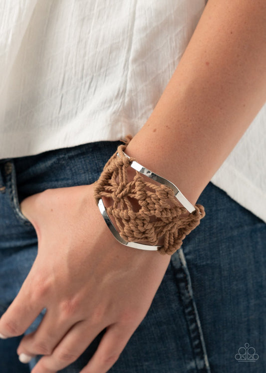 Macrame Mode - Brown Decoratively Knotted Cording Cuff Paparazzi Bracelet