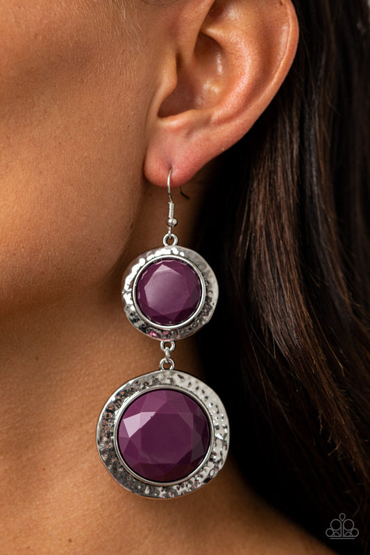 Thrift Shop Stop - Purple Faceted Beaded Hammered Silver Frame Earrings