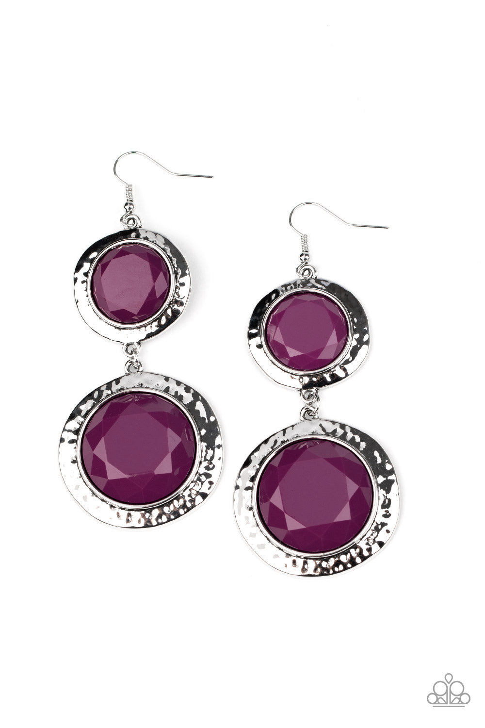 Thrift Shop Stop - Purple Faceted Beaded Hammered Silver Frame Earrings